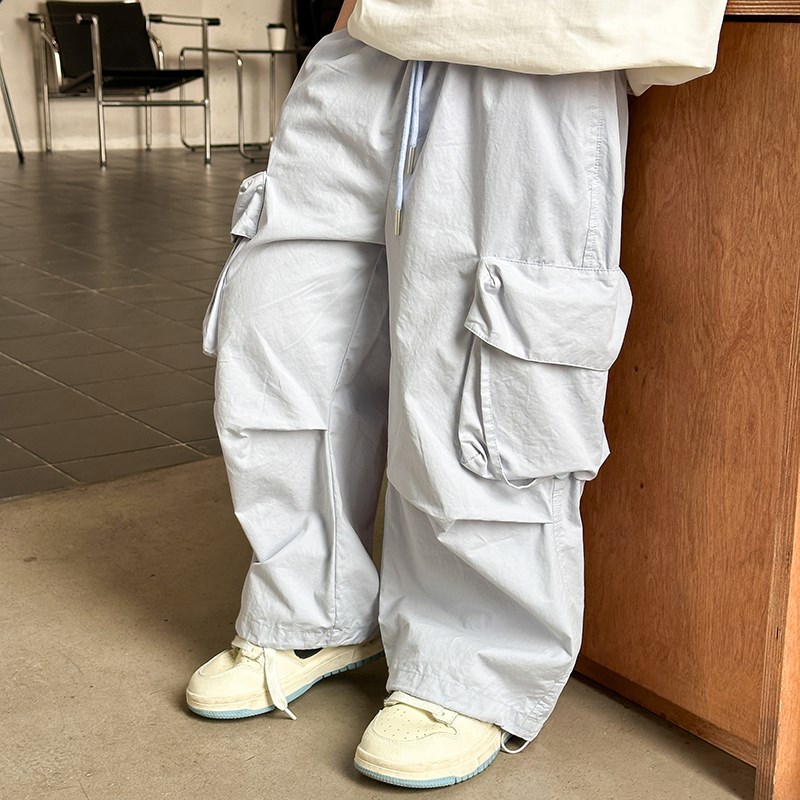 依依妈男童系带拼接直筒工装裤儿童春装裤子宝宝宽松纯棉休闲裤