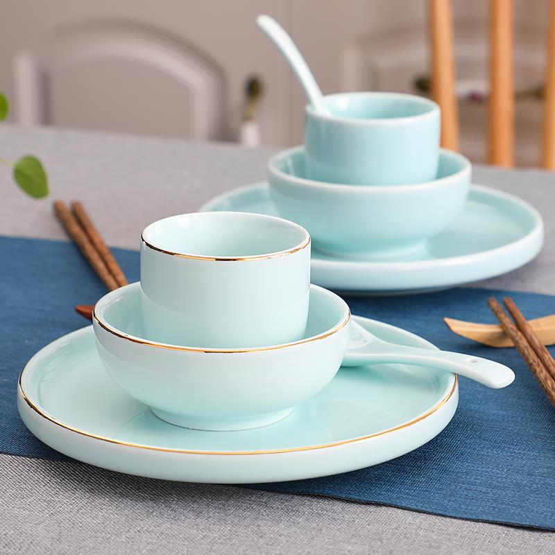 酒店陶瓷中式摆台餐具套组四件套金边饭店简约盘碗勺饭厅定制印字