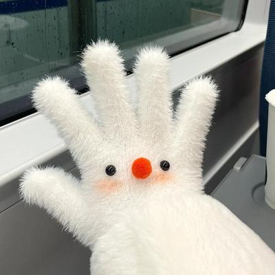 可爱小雪人毛绒冬手套加绒加厚可触屏御寒防风电动车骑行滑雪专用