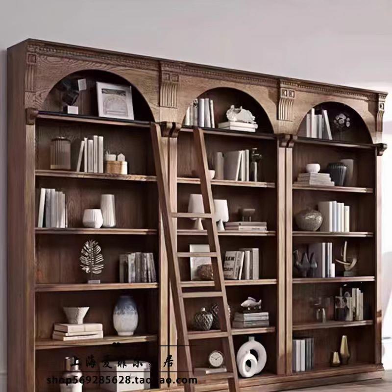 美式实木书柜组合带梯书橱家用落地置物客厅展示储藏收纳陈列柜