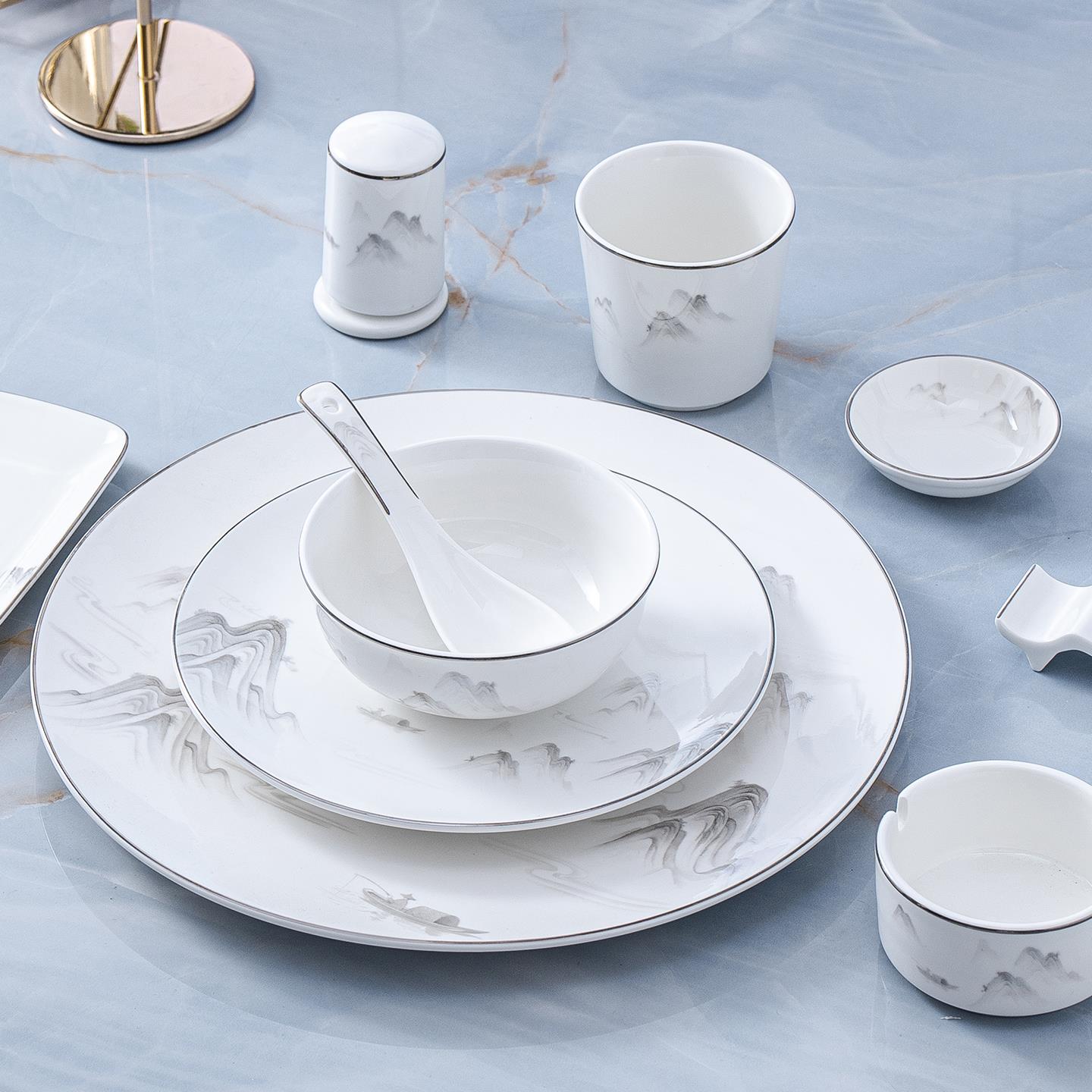 星级酒店摆台餐具饭厅高档盘碟碗会所饭店包厢九件套金边招待私房