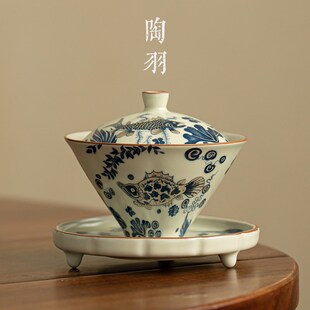 仿宋汝窑鱼藻纹斗笠三才盖碗防烫家用功夫茶具大容量陶瓷泡茶碗