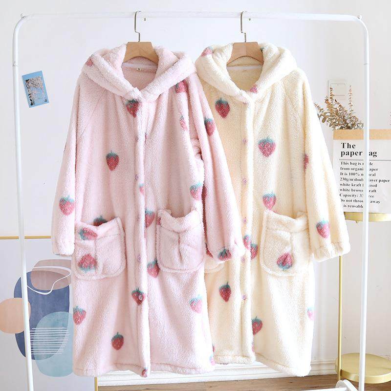 秋冬睡袍加厚草莓连帽睡裙长袖印花粉色连帽睡裙,女士内衣/男士内衣/家居服,睡袍/浴袍,淘宝优惠券,粉丝福利购,淘宝优惠卷