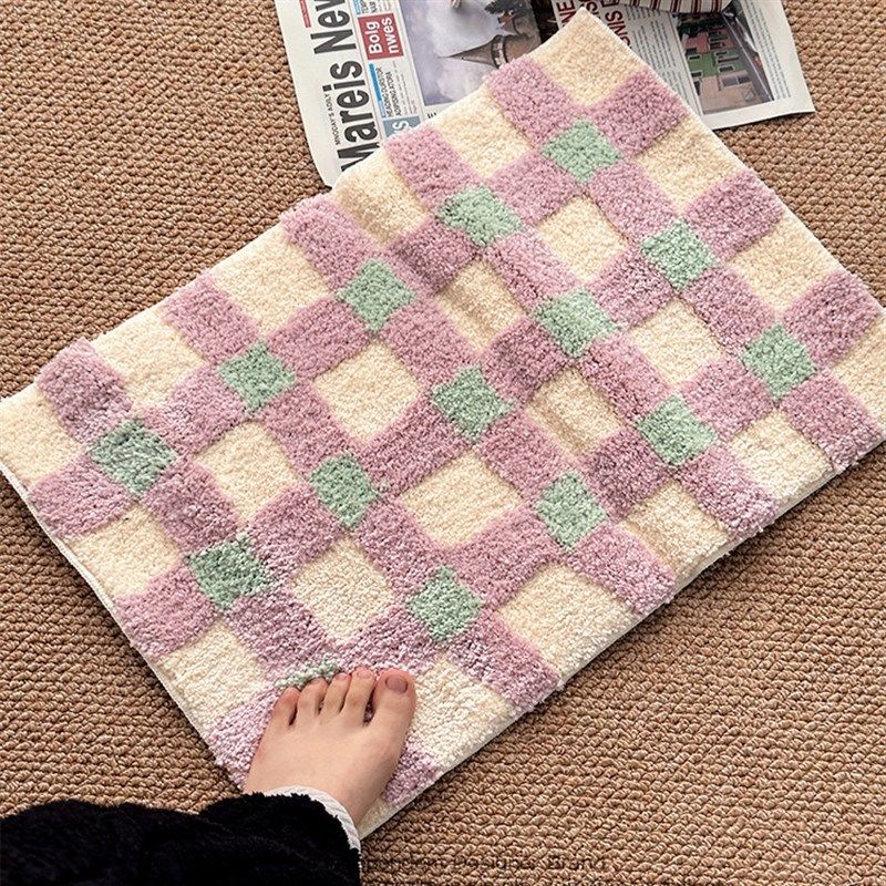 棋盘格植绒地毯浴室吸水耐脏防滑少女卧室床边脚毯加厚级感,居家布艺,地毯,淘宝优惠券,粉丝福利购,淘宝优惠卷