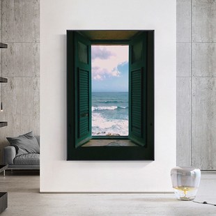 窗见海现代抽象风景装饰画客厅玄关卧室电表箱遮挡挂画定制画