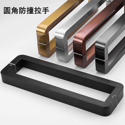 圆角防撞方管玻璃门拉手加厚玫瑰金拉丝无指纹不锈钢大门把手简约
