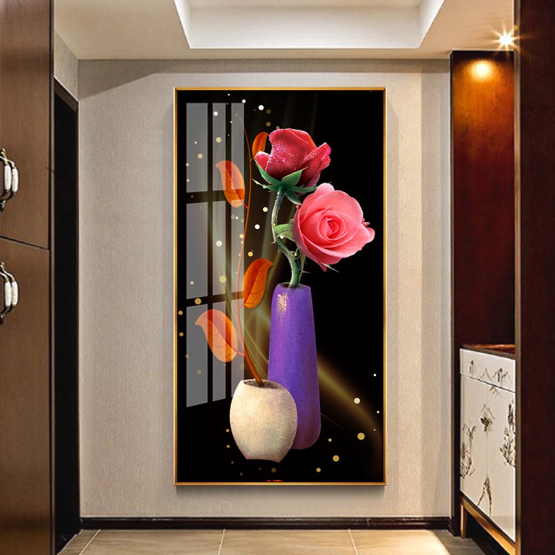 入户玄关装饰画大气轻奢晶瓷画竖版花卉走廊挂画现代简约过道壁画图片
