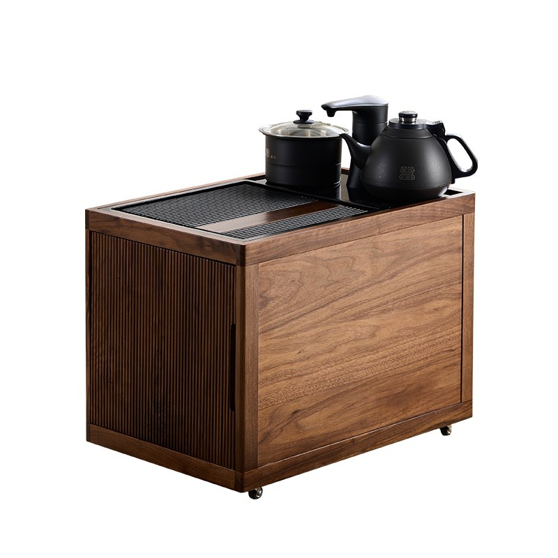 北美黑胡桃小茶几沙发边几带轮可移动茶水柜中古推车客厅实木边柜