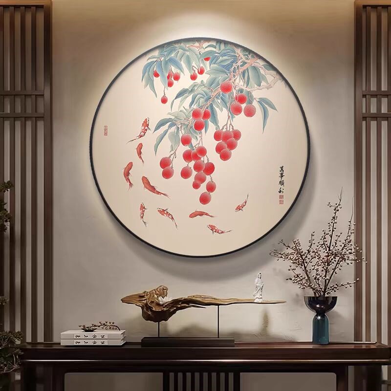 招财九鱼图入户玄关装饰画荔枝圆形走廊过道挂画旺运锦鲤中式壁画图片