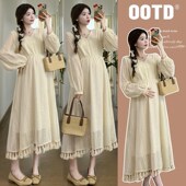 孕妇连衣裙2024春装 长裙V领流苏长裙子 泡泡袖 新款 气质度假风法式