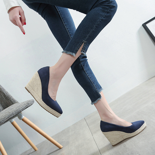 女2021春秋季 超高跟鞋 新款 尖头厚底防水台草编鞋 浅口时尚 坡跟单鞋