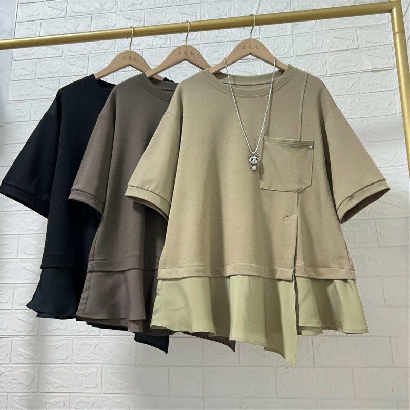 若灵儿2025韩版夏季新款荷叶边下摆短袖T恤宽松休闲显瘦女装上衣