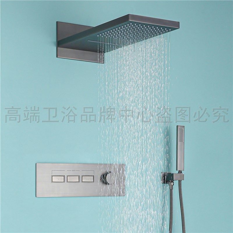 德国当代高端枪灰暗装隐藏瀑布出水嵌入墙式淋浴全铜恒温花洒套装,家装主材,恒温花洒套装,淘宝优惠券,粉丝福利购,淘宝优惠卷