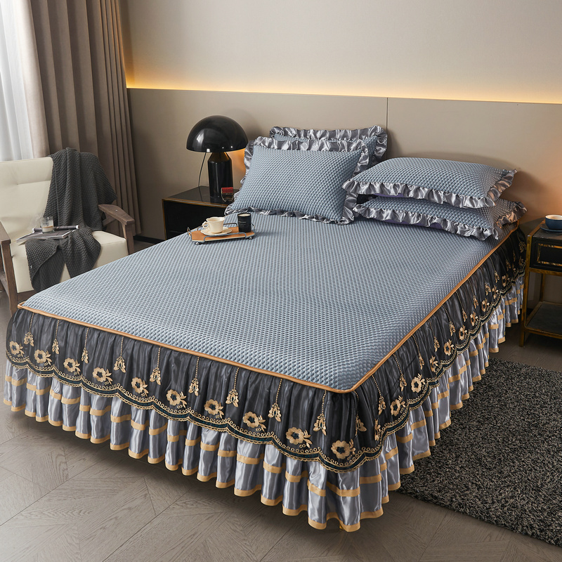 夏季冰豆豆冰丝凉席三件套床裙款床罩床垫可水洗防滑空调软席夏天