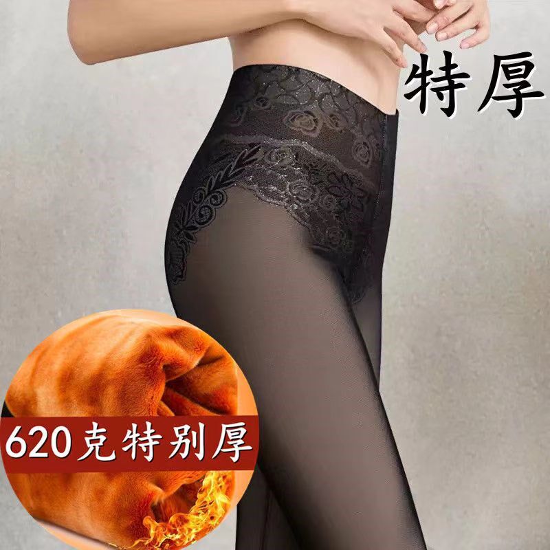冬季特厚加绒加厚保暖外穿棉裤高腰假透肉网纱印花踩脚大码打底裤