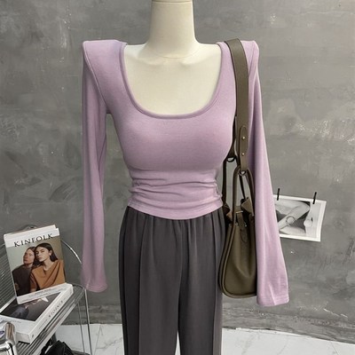 显白藤紫色~带胸k垫加绒大u领长袖t恤女修身显瘦打底衫纯欲上衣秋