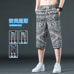 冰丝休闲大码 宽松直筒短裤 7分花裤 子夏天男士 薄 七分裤 中裤 男夏季
