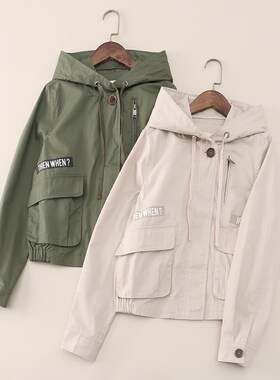 33283南美单纯色工装风连x帽薄款全棉宽松夹克短外套上衣女042