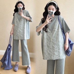 夏装 怀孕两件套休闲孕妇套装 蕾丝拼接上衣夏季 时尚 夏 休闲裤 孕妇装