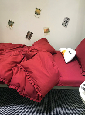 韩式公主风花边四件套婚庆纯红色磨毛床品1.N2m学生床单床笠三件