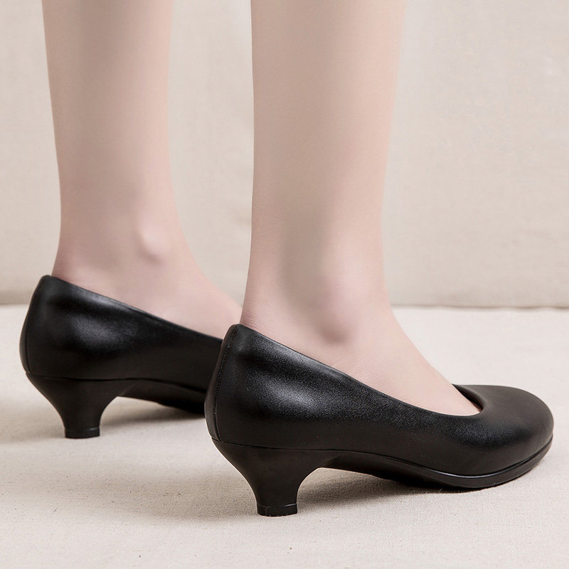 舒适中粗跟单鞋女工n作黑色皮鞋软皮小跟高跟鞋低帮女鞋职业鞋矮