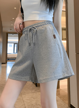 灰色短裤女夏季薄k款高腰a字阔腿四分五分裤跑步热裤运动休闲宽松