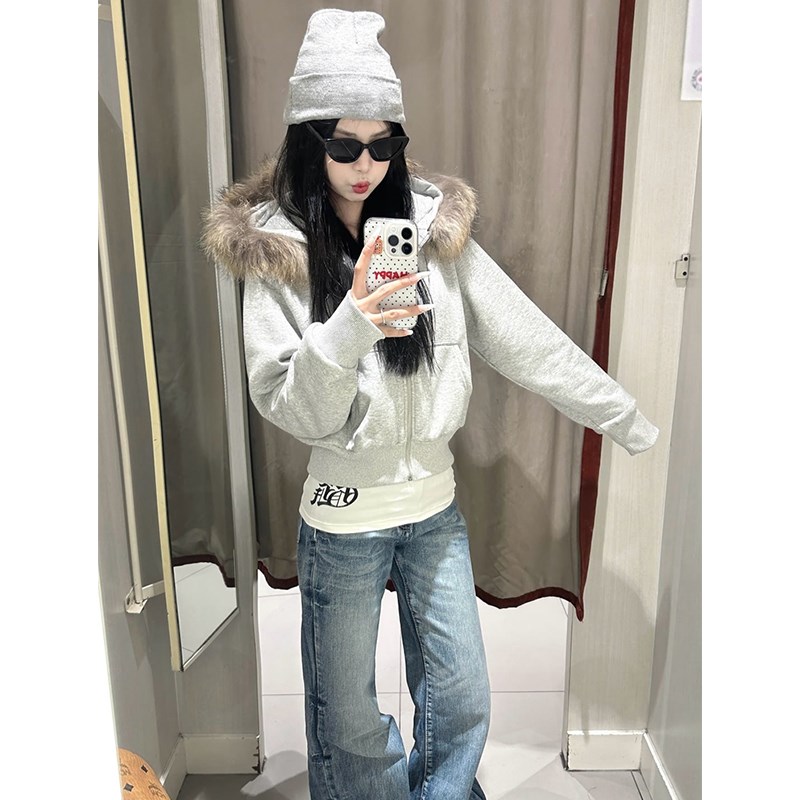 美式复古灰色毛领刺绣连帽短款卫衣女春秋冬加绒加厚2025新款外套