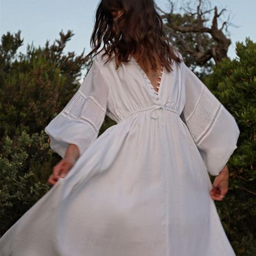 连衣裙女春夏新 亚麻长袖法式气质女神a型灯笼袖拍照海边度假长裙