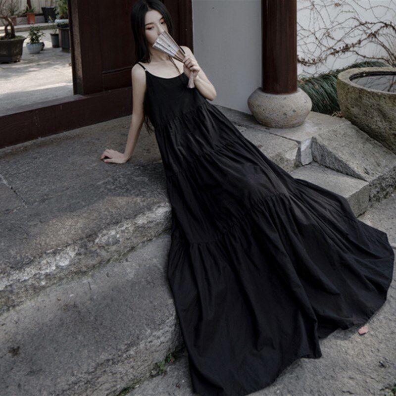 棉麻女装2021春夏季大摆吊带显瘦裙宽松休闲大码中长打底连衣裙子