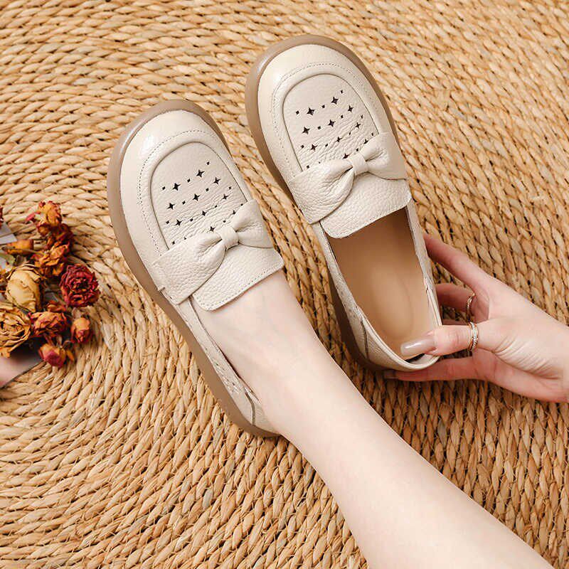 头层真皮牛皮镂空女鞋平底透气单鞋软底洞洞鞋夏季防滑妈妈凉鞋