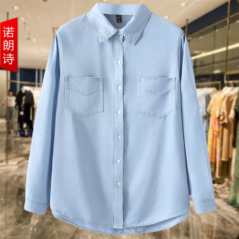 浅蓝色长袖牛仔衬衫大码薄款2025春季胖mm200斤百搭遮肉显瘦上衣