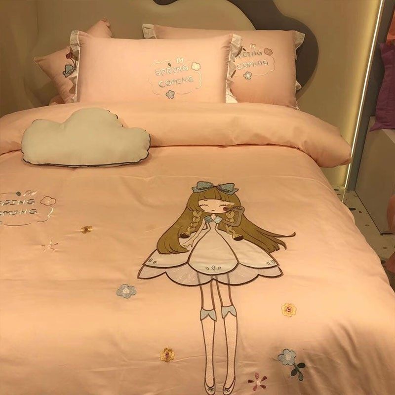 全棉卡通刺绣四件套公主风纯棉被B套床单儿童房床上用品男孩女孩