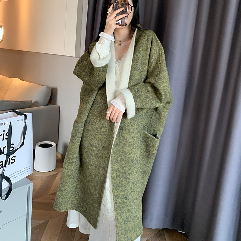 双色绵羊毛双面呢大衣秋冬新款韩版宽松廓形拼接羊绒中长版外套女