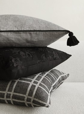 IL米拉枝玉兰中古风黑灰色棉麻抱枕客厅沙发床头格子靠枕腰枕