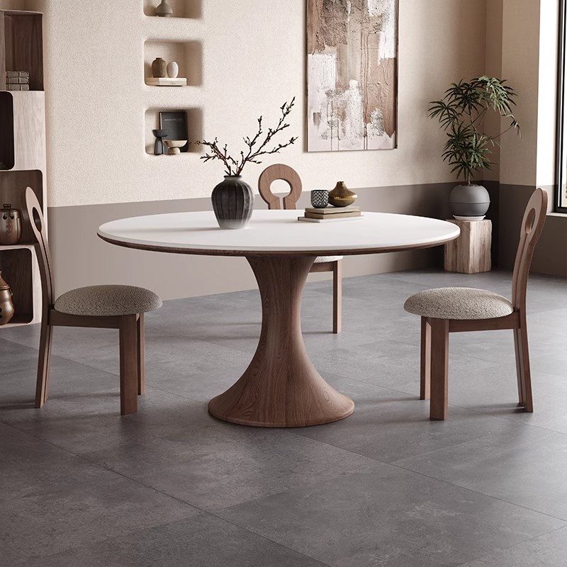 现代简约白蜡木岩板餐桌椅中古风小户型家用客厅圆形吃饭桌子