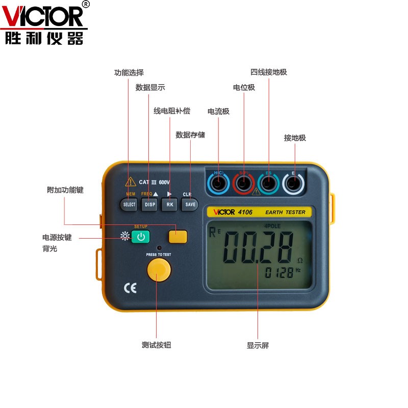 胜利VC4105A/B/C数字接地电阻测试仪摇表VC4106/4109地阻防雷检测