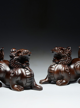 黑檀木雕貔貅一对皮丘实木家居客厅玄关办公室雕刻工艺品送礼