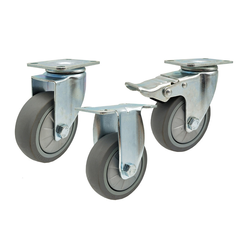 静音脚轮寸寸5寸TR软橡胶万向轮手推车平板车固定轮带刹车轱辘