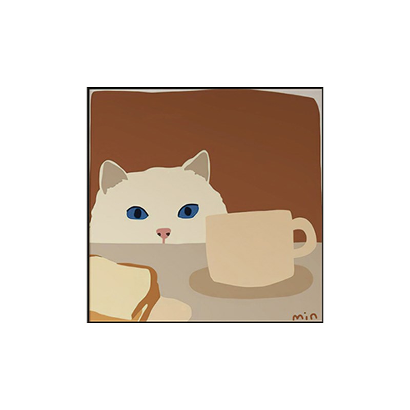 餐厅装饰画侘寂风高级感卡通猫咪画饭厅背景墙壁画正方形单幅挂画图片