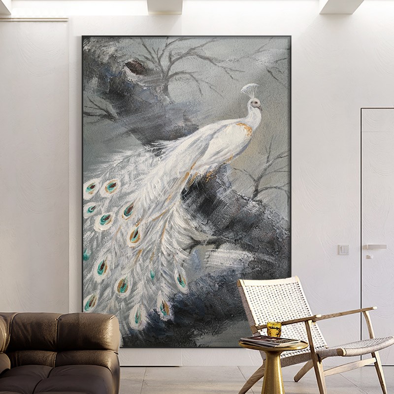 手绘孔雀沙发背景墙挂画立体肌理壁画高级感动物装饰画客厅落地画图片