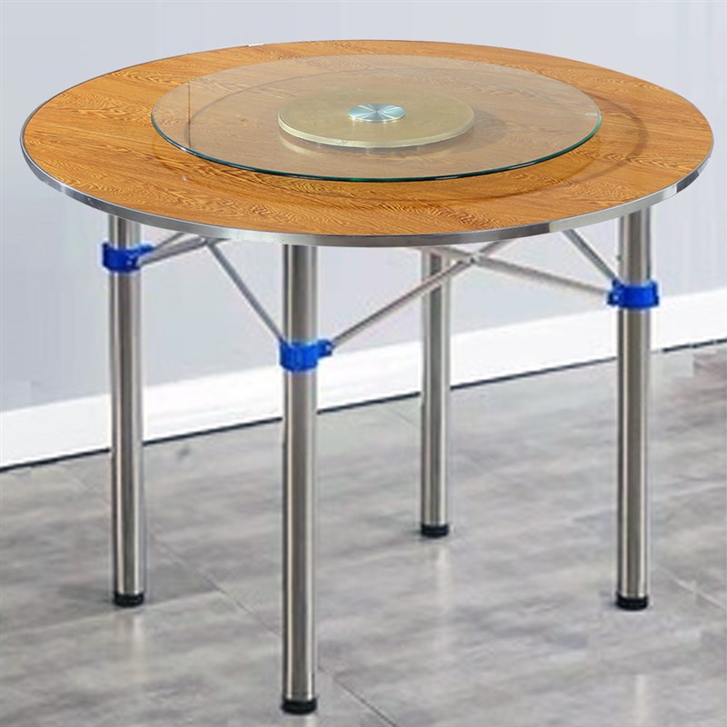 大圆桌台面板转盘不锈钢腿折叠圆餐桌  酒店食堂乡村家用吃饭桌子