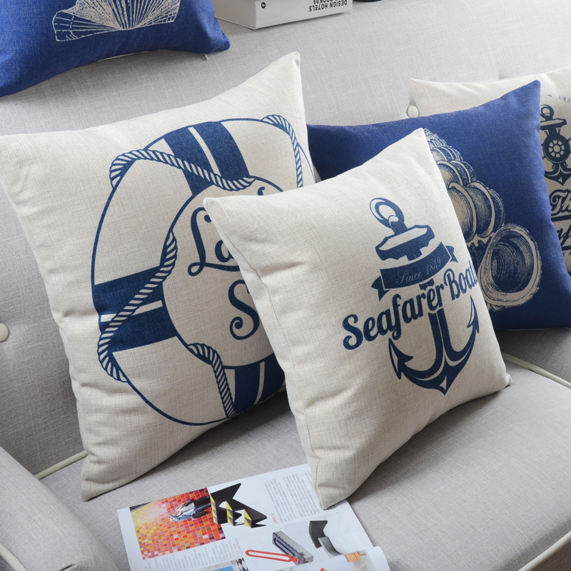 地中海风格抱枕棉麻布艺蓝色海螺靠垫汽车腰枕长方形办公室靠枕