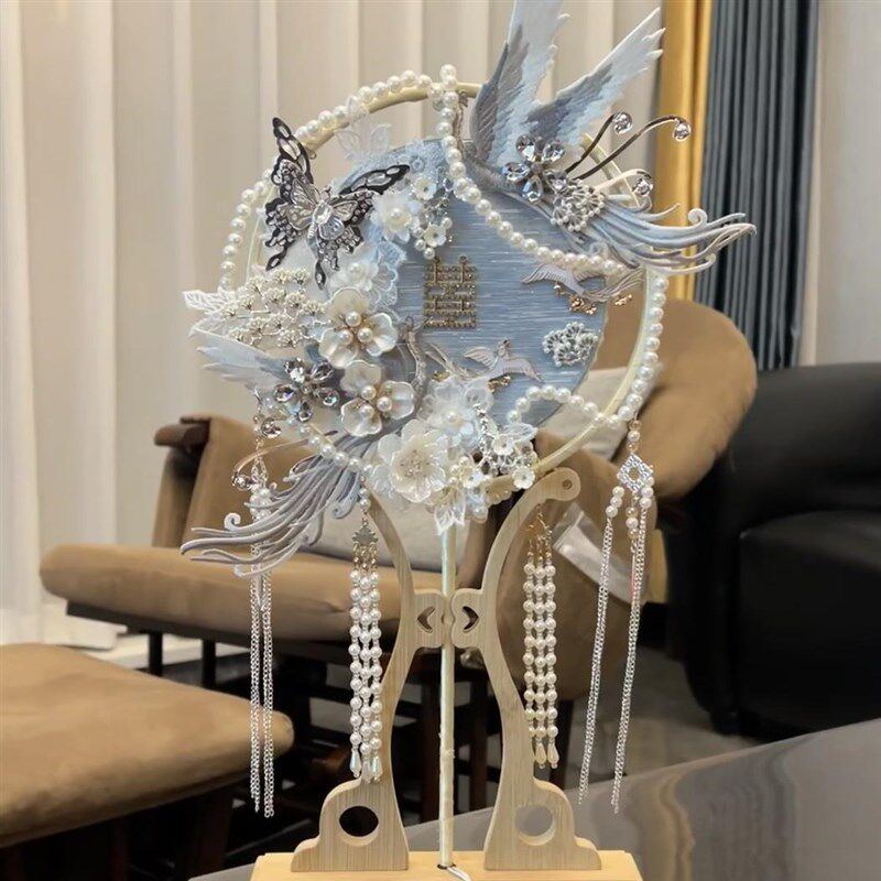 婚礼新娘团扇结婚古风喜扇材料包秀禾扇子面成品冰蓝色图片