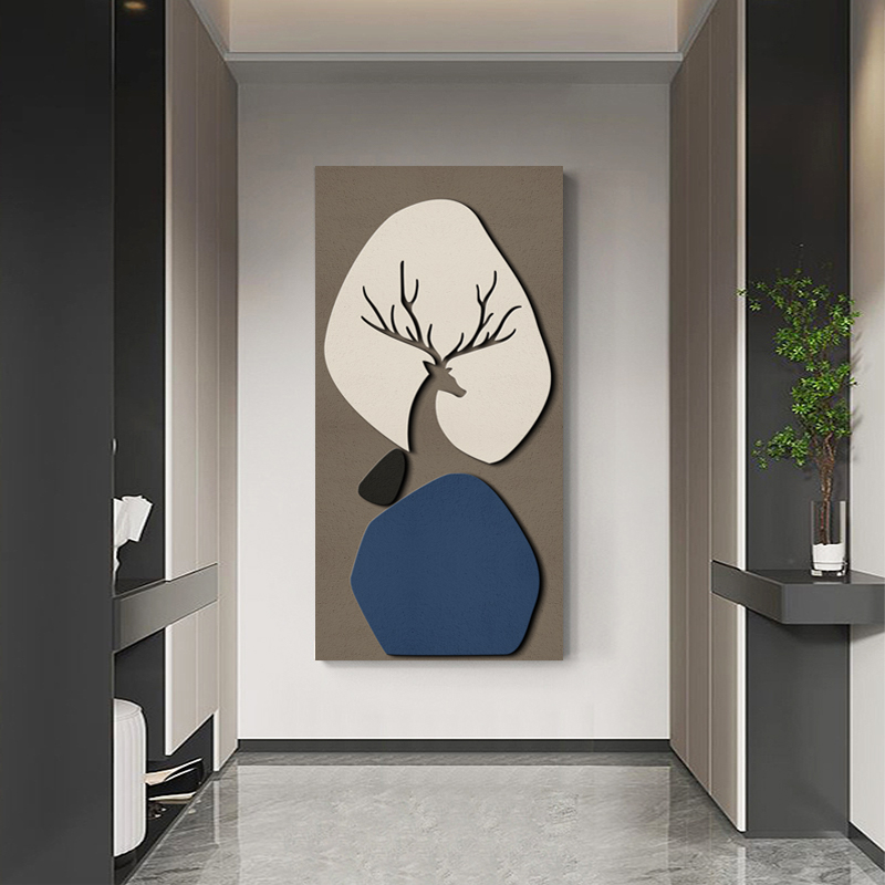 现代轻奢玄关装饰画立体麋鹿砂岩肌理挂画高级感客厅走廊过道壁画图片