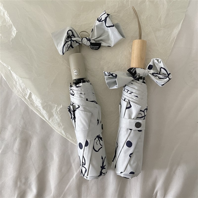 msho治愈系波点蝴蝶结伞自动晴雨两用女防紫外线黑胶折叠太阳雨伞