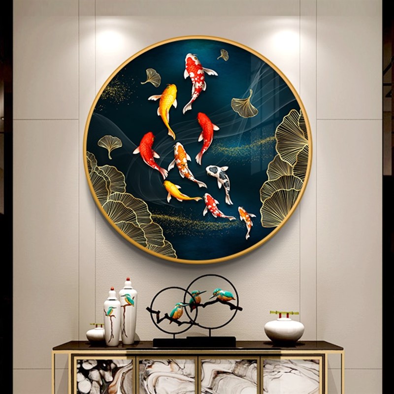 现代聚财九鱼图入户玄关装饰画轻奢圆形进门餐厅挂画客厅卧室壁画图片