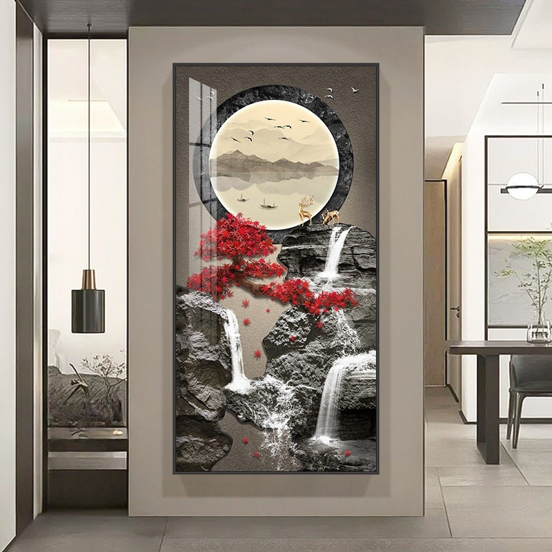 流水生财山水风景画玄关装饰画大尺寸走廊尽头壁画新客厅挂画