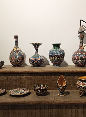巴基斯坦手工彩绘陶瓷瓶客厅玄关酒柜创意复古家居装饰摆设
