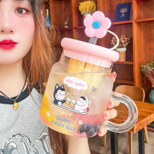 吨咚大容量玻璃杯2026新款女高颜值有把手耐高温水杯带粗吸管杯子