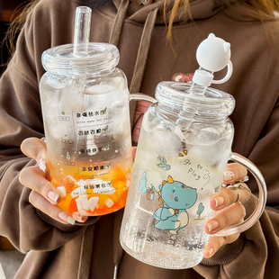 新款高颜值把手玻璃杯耐高温吸管杯粗吸管奶茶杯家用牛奶杯带手柄